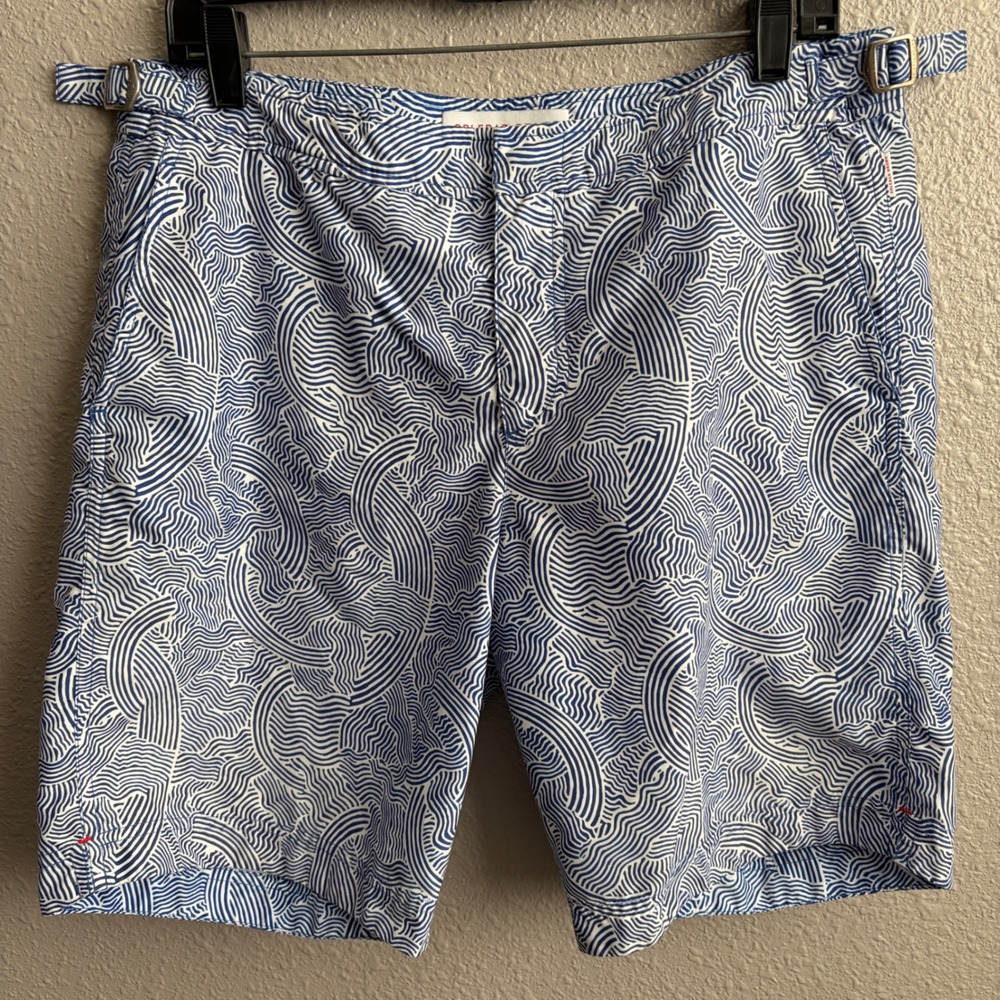 Orlebar Brown Blue White Wave Pattern Print 9" Swim Shorts 33